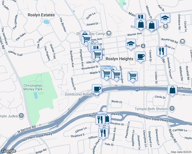 map of restaurants, bars, coffee shops, grocery stores, and more near 107 MacGregor Avenue in Roslyn Heights