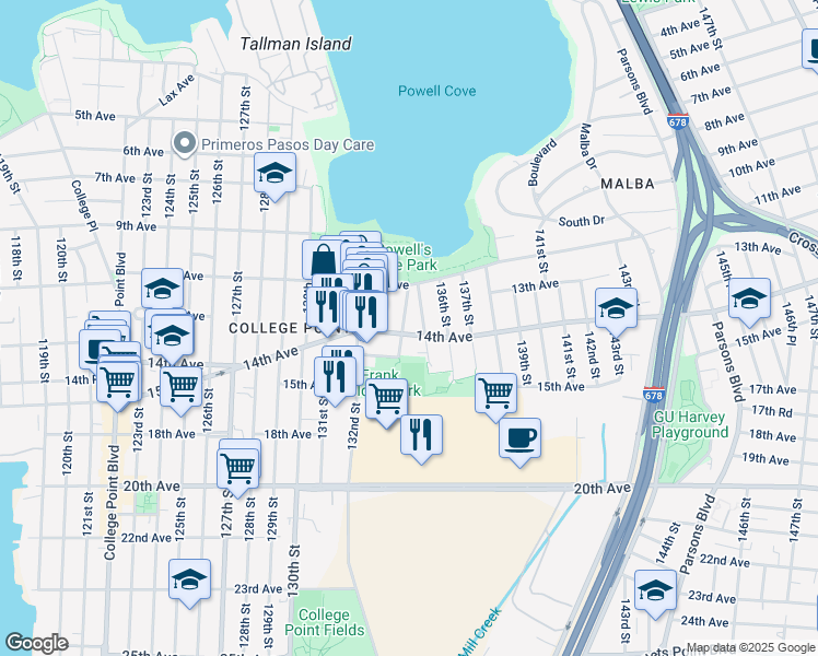 map of restaurants, bars, coffee shops, grocery stores, and more near 13-33 133rd Place in Queens