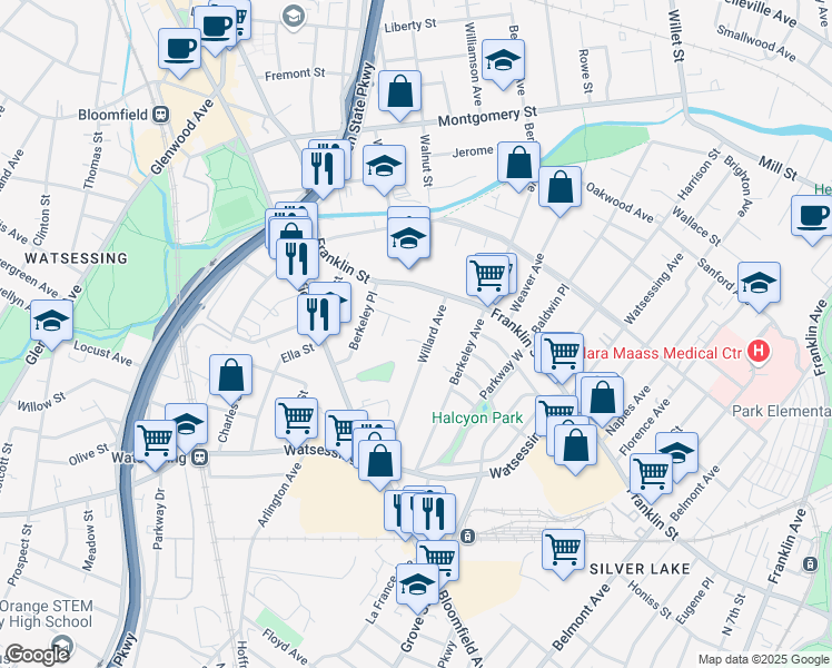 map of restaurants, bars, coffee shops, grocery stores, and more near 13 Kilmer Court in Bloomfield