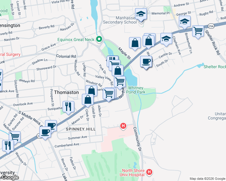 map of restaurants, bars, coffee shops, grocery stores, and more near 11 Valley View Road in Great Neck