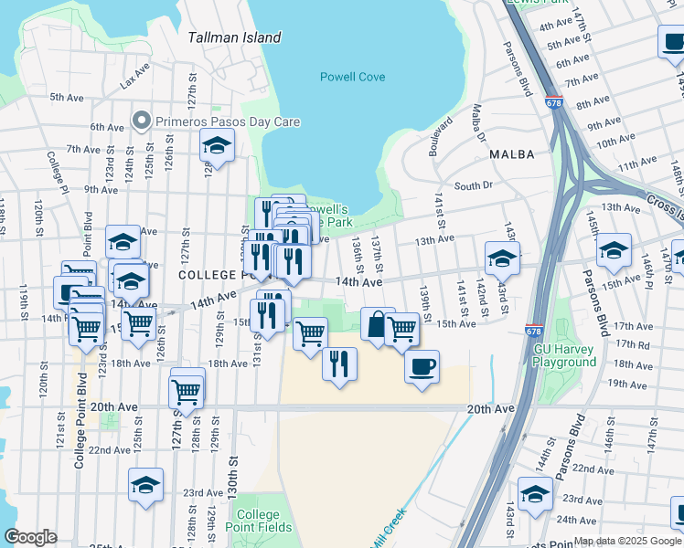 map of restaurants, bars, coffee shops, grocery stores, and more near 135th Street in Queens