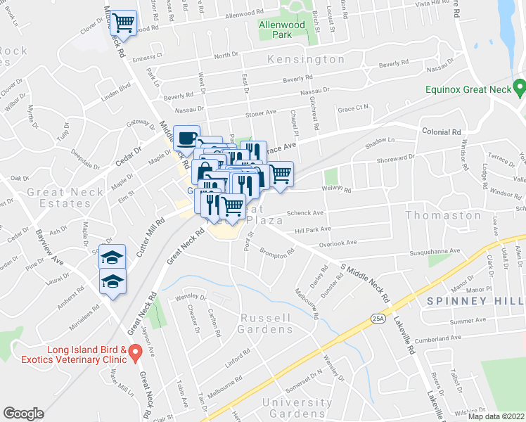 map of restaurants, bars, coffee shops, grocery stores, and more near 5 Schenck Avenue in Great Neck Plaza