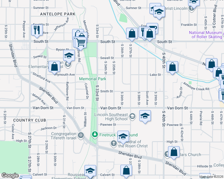 map of restaurants, bars, coffee shops, grocery stores, and more near 2635 South 35th Street in Lincoln