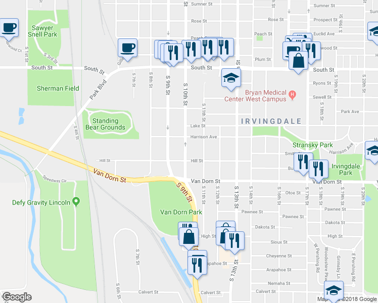 map of restaurants, bars, coffee shops, grocery stores, and more near 2650 South 10th Street in Lincoln
