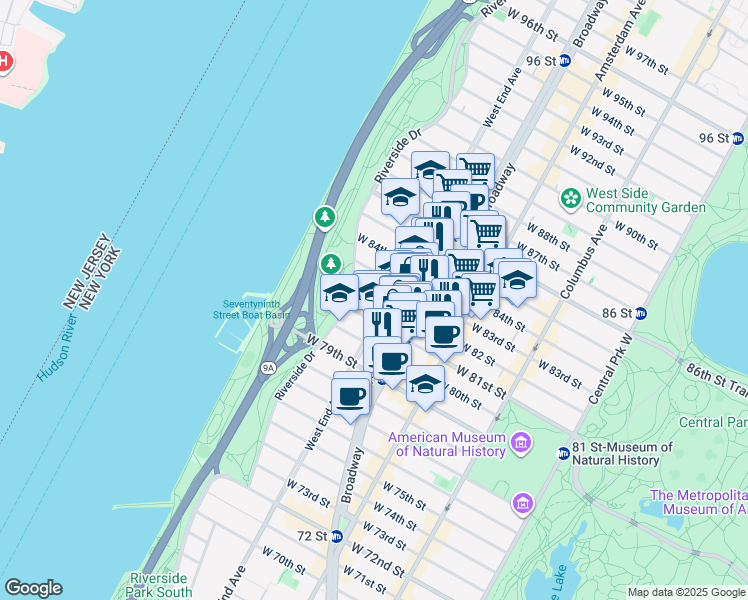 map of restaurants, bars, coffee shops, grocery stores, and more near 308 West 82nd Street in New York