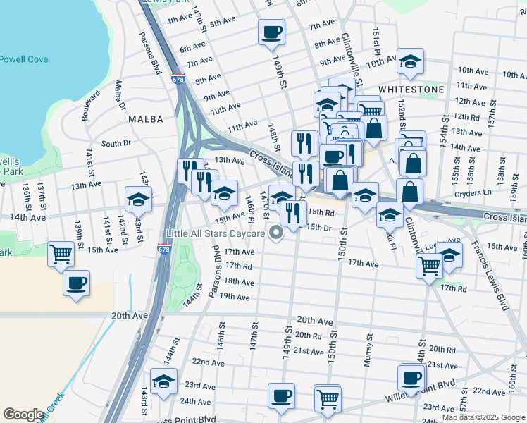 map of restaurants, bars, coffee shops, grocery stores, and more near 146-42 15th Avenue in Queens