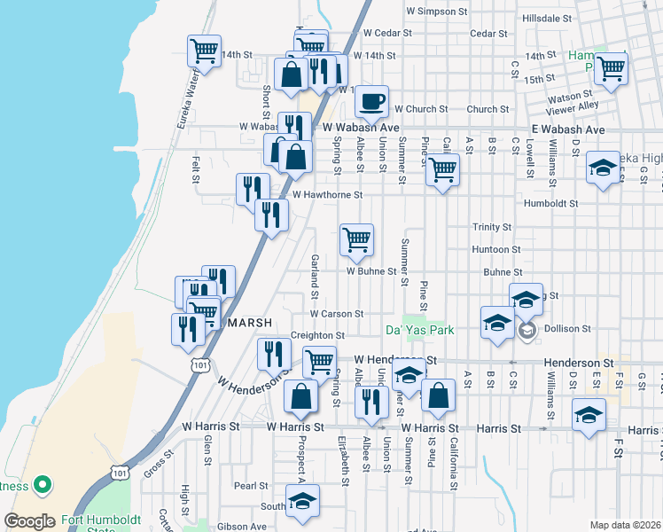 map of restaurants, bars, coffee shops, grocery stores, and more near 2334 Spring Street in Eureka
