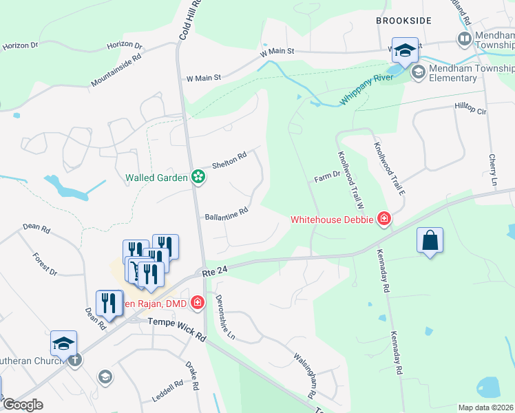 map of restaurants, bars, coffee shops, grocery stores, and more near 13 Ballantine Road in Mendham