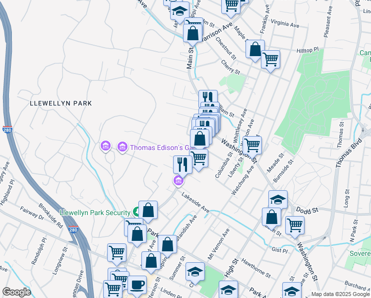 map of restaurants, bars, coffee shops, grocery stores, and more near 18 Erwin Place in West Orange