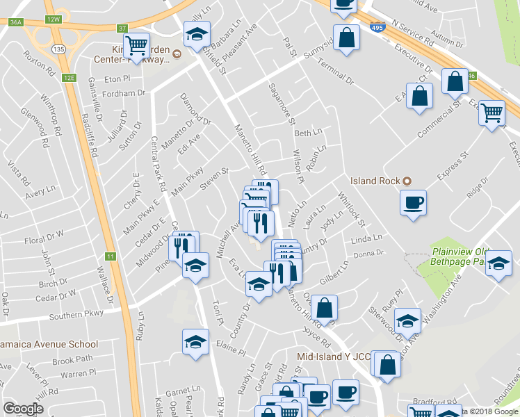 map of restaurants, bars, coffee shops, grocery stores, and more near 24 Library Lane in Plainview