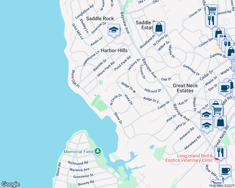 map of restaurants, bars, coffee shops, grocery stores, and more near 11 Circle Drive North in Great Neck Estates