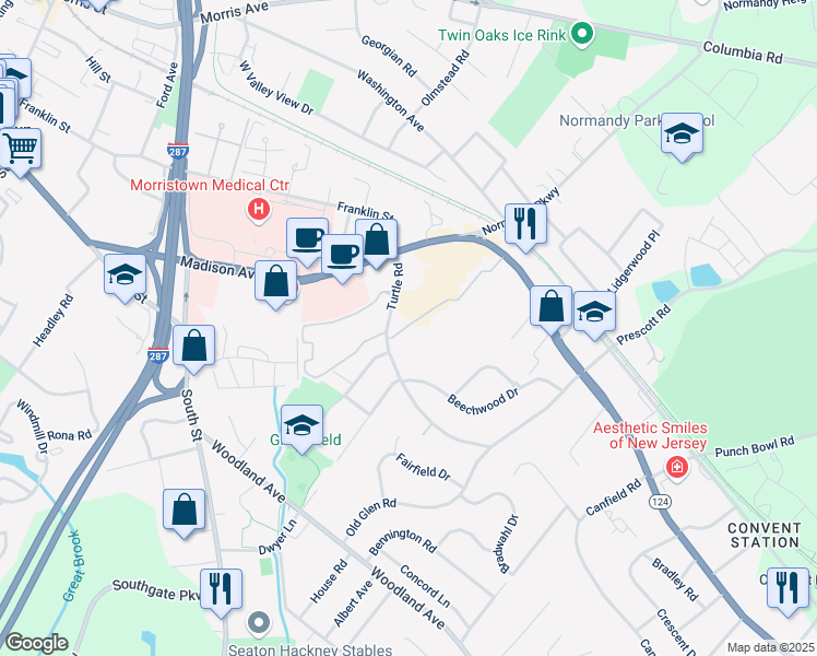 map of restaurants, bars, coffee shops, grocery stores, and more near 19 Village Drive in Morristown