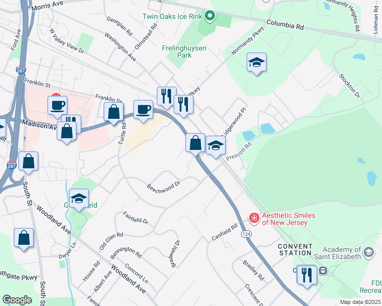 map of restaurants, bars, coffee shops, grocery stores, and more near 613 Pitney Place in Morristown