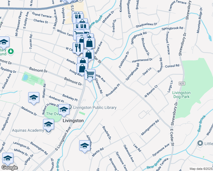 map of restaurants, bars, coffee shops, grocery stores, and more near 52 Brookside Avenue in Livingston