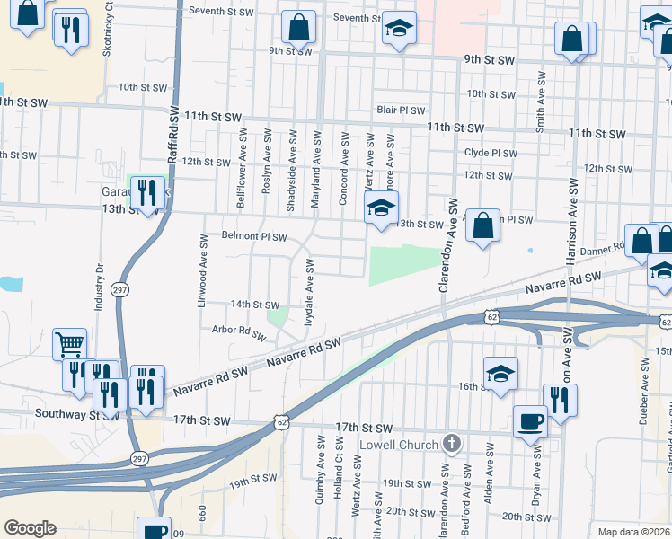 map of restaurants, bars, coffee shops, grocery stores, and more near 1355 Concord Avenue Southwest in Canton