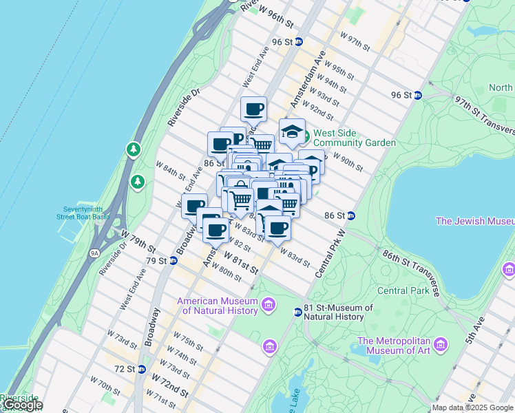 map of restaurants, bars, coffee shops, grocery stores, and more near in New York