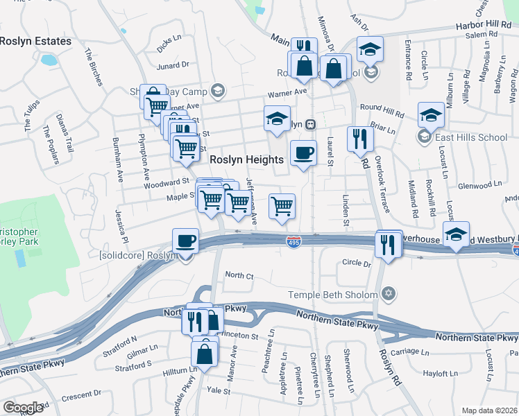 map of restaurants, bars, coffee shops, grocery stores, and more near 151 Jefferson Avenue in Roslyn Heights