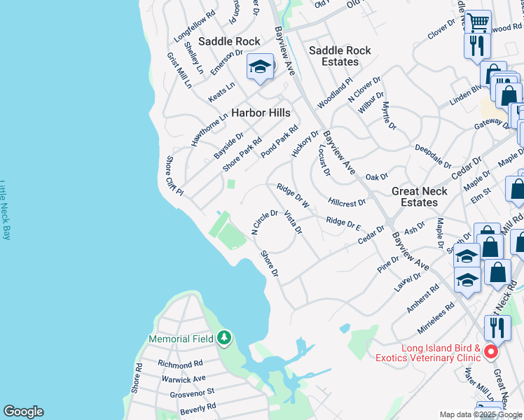 map of restaurants, bars, coffee shops, grocery stores, and more near 11 Circle Drive North in Great Neck Estates
