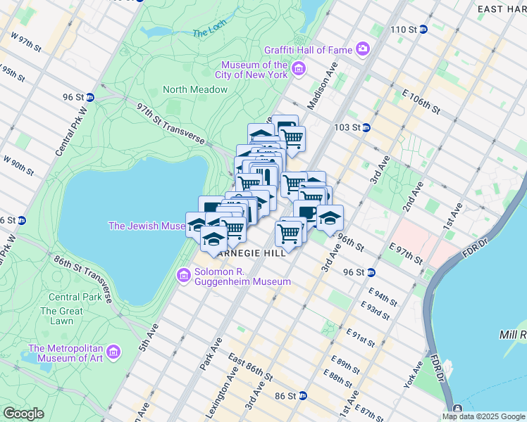 map of restaurants, bars, coffee shops, grocery stores, and more near 53 East 95th Street in New York