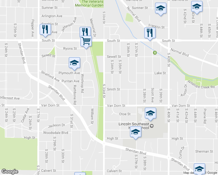 map of restaurants, bars, coffee shops, grocery stores, and more near 3316 Smith Street in Lincoln