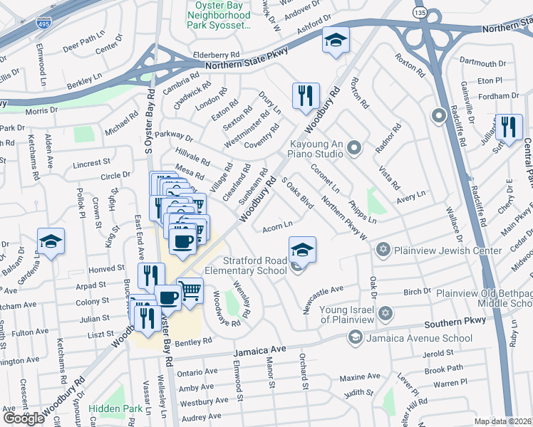 map of restaurants, bars, coffee shops, grocery stores, and more near 11 Acorn Lane in Plainview