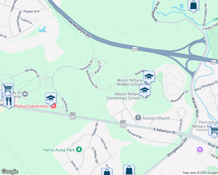 map of restaurants, bars, coffee shops, grocery stores, and more near 439 Brandywine Drive in State College