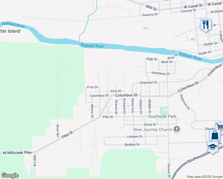 map of restaurants, bars, coffee shops, grocery stores, and more near 1301 First Street in Wabash