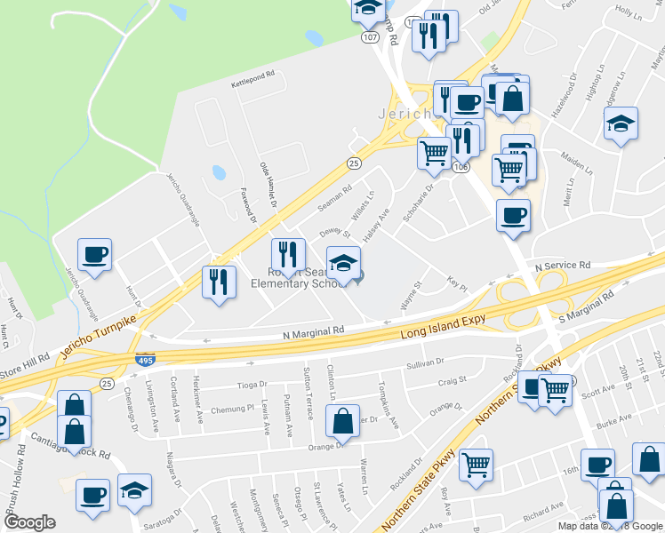 map of restaurants, bars, coffee shops, grocery stores, and more near 201 Halsey Avenue in Jericho