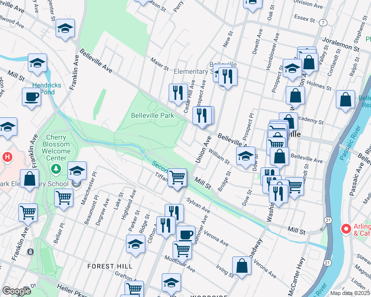 map of restaurants, bars, coffee shops, grocery stores, and more near 32 Wilson Place in Belleville