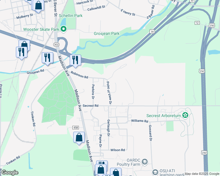 map of restaurants, bars, coffee shops, grocery stores, and more near 1120 Point of View Drive in Wooster