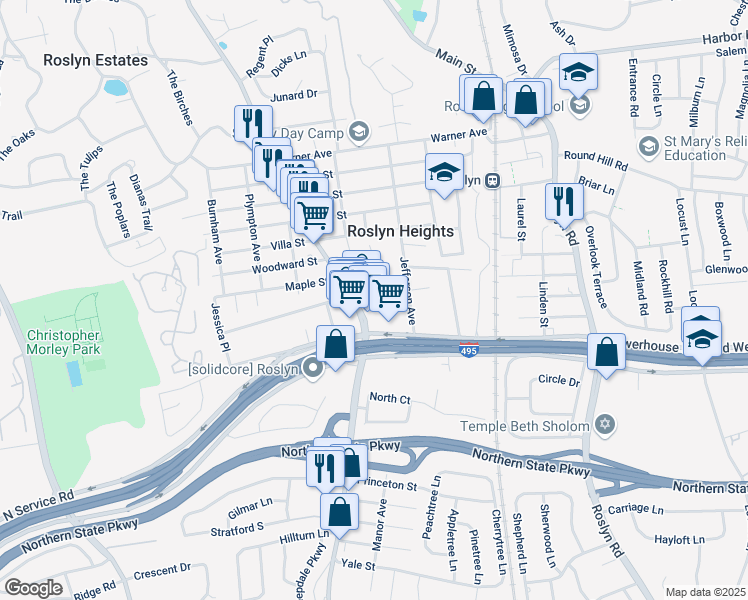 map of restaurants, bars, coffee shops, grocery stores, and more near 22 High Street in Roslyn Heights