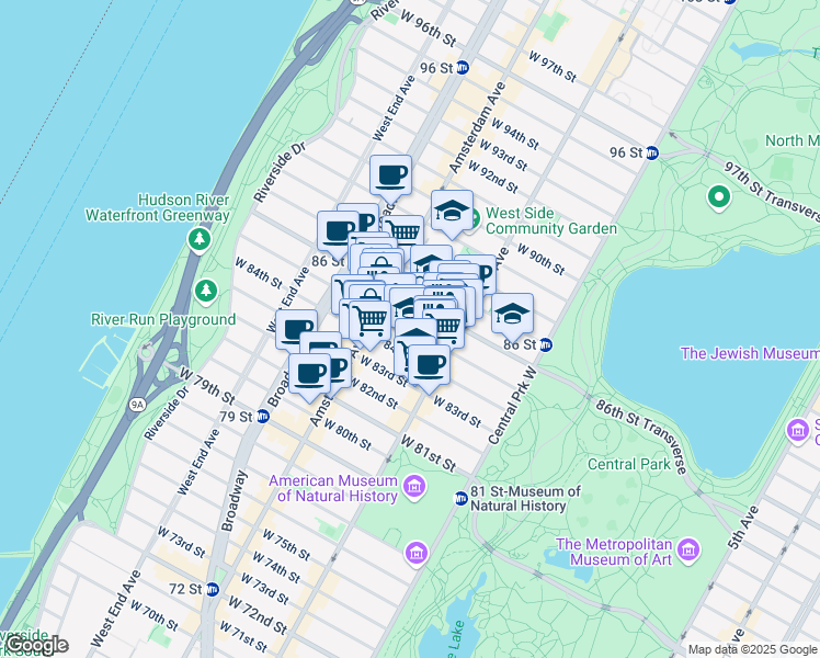 map of restaurants, bars, coffee shops, grocery stores, and more near 135 West 85th Street in New York