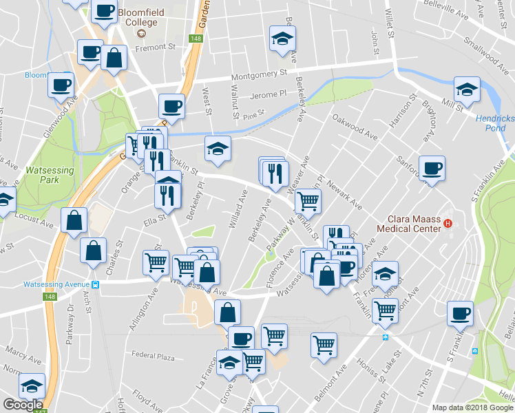 map of restaurants, bars, coffee shops, grocery stores, and more near 170 Berkeley Avenue in Bloomfield