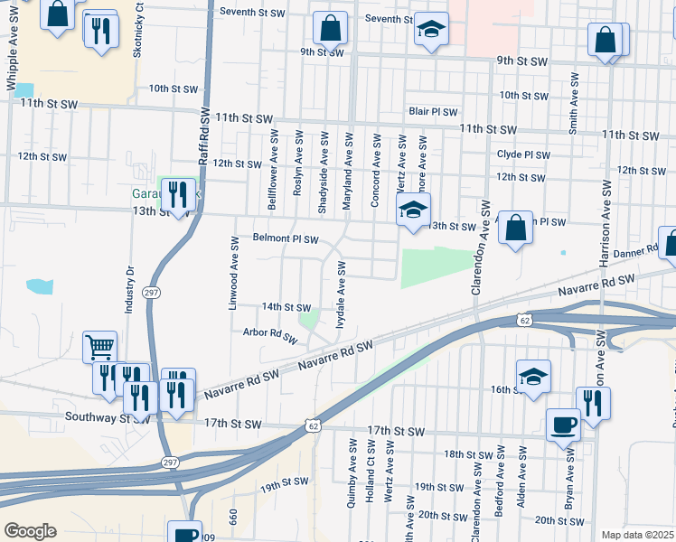 map of restaurants, bars, coffee shops, grocery stores, and more near 1351 Ivydale Avenue Southwest in Canton