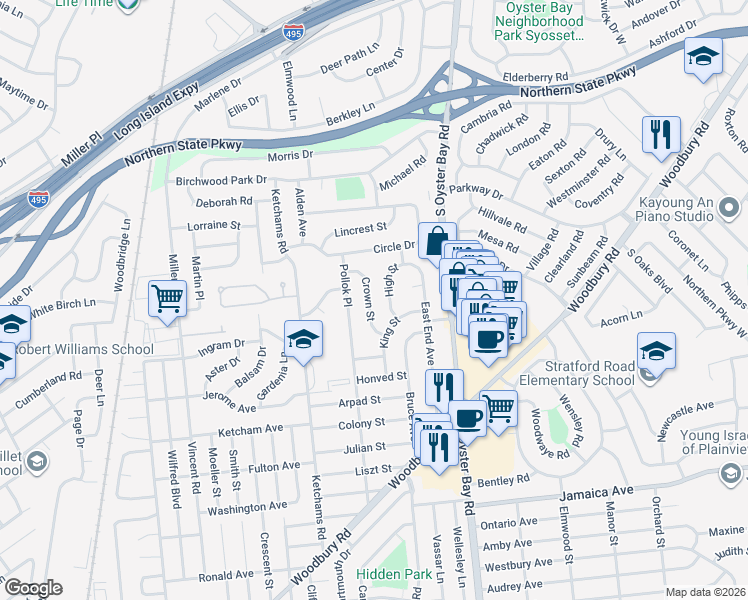 map of restaurants, bars, coffee shops, grocery stores, and more near 11 Crown Street in Hicksville