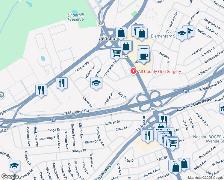 map of restaurants, bars, coffee shops, grocery stores, and more near 100 Wayne Street in Jericho