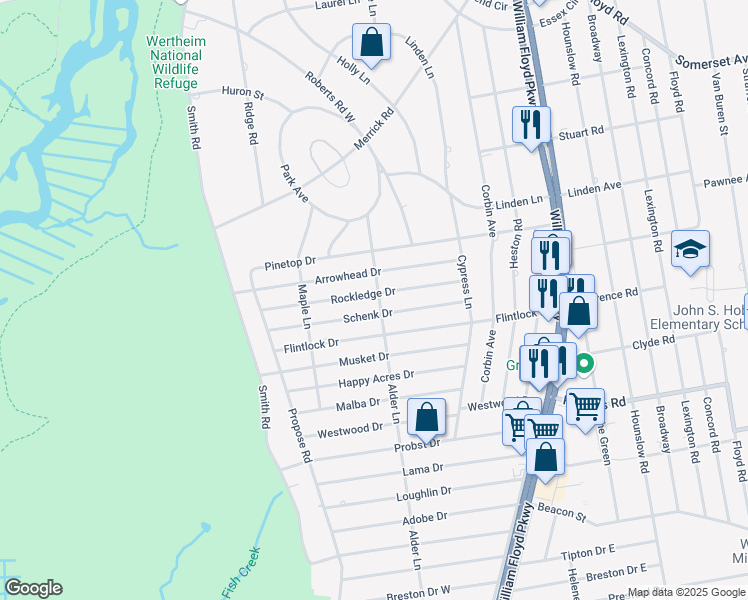 map of restaurants, bars, coffee shops, grocery stores, and more near 16 Alder Lane in Shirley