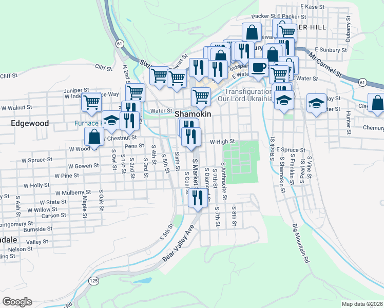 map of restaurants, bars, coffee shops, grocery stores, and more near 109 South Market Street in Shamokin
