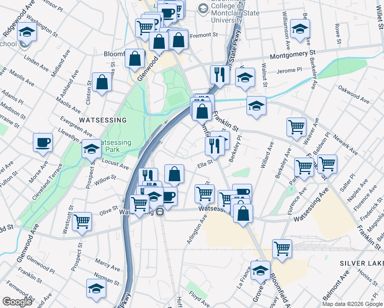 map of restaurants, bars, coffee shops, grocery stores, and more near 95 Hill Street in Bloomfield