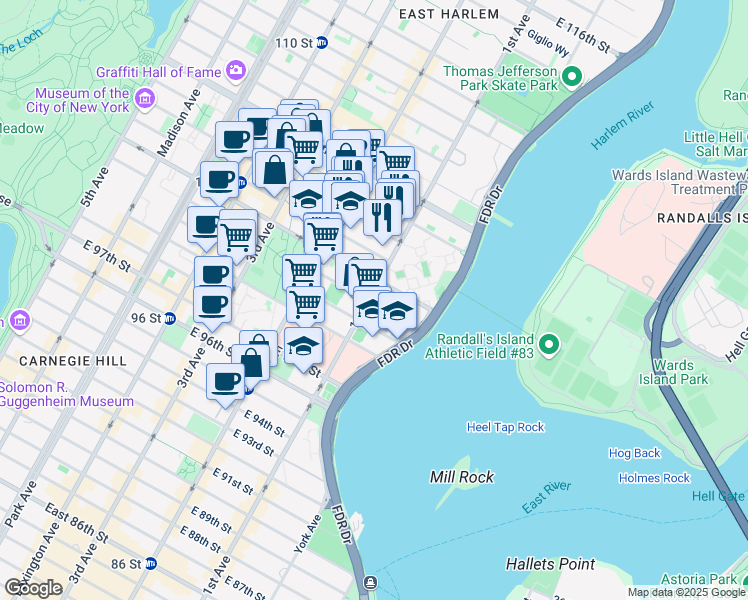 map of restaurants, bars, coffee shops, grocery stores, and more near 347 East 101st Street in New York
