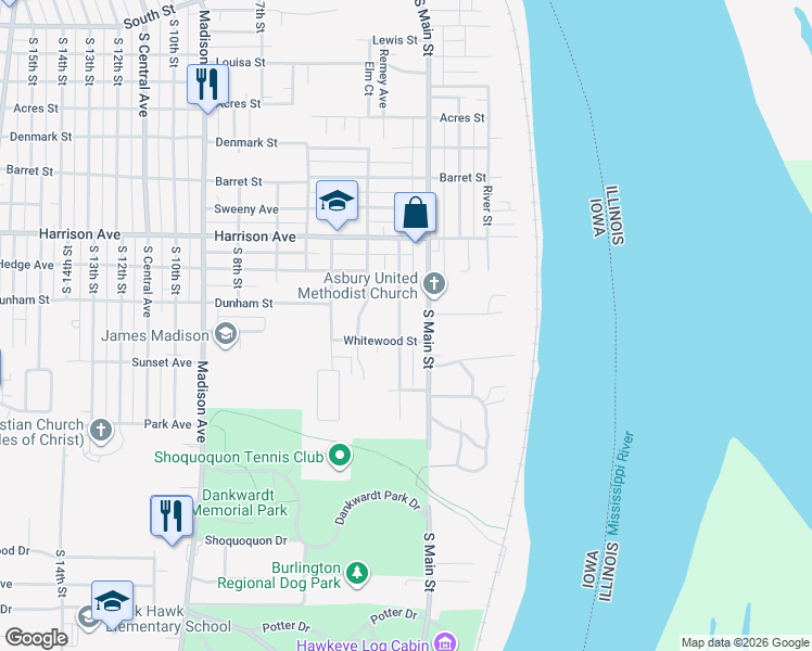 map of restaurants, bars, coffee shops, grocery stores, and more near 2218 South 3rd Street in Burlington