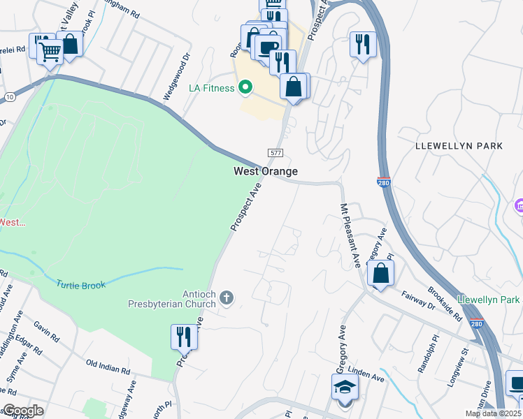map of restaurants, bars, coffee shops, grocery stores, and more near 510 Prospect Avenue in West Orange