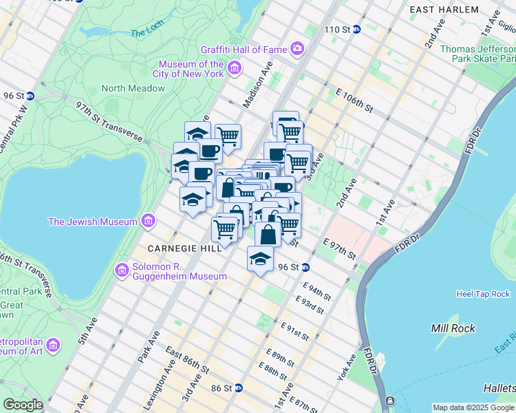 map of restaurants, bars, coffee shops, grocery stores, and more near 1500 Lexington Avenue in New York