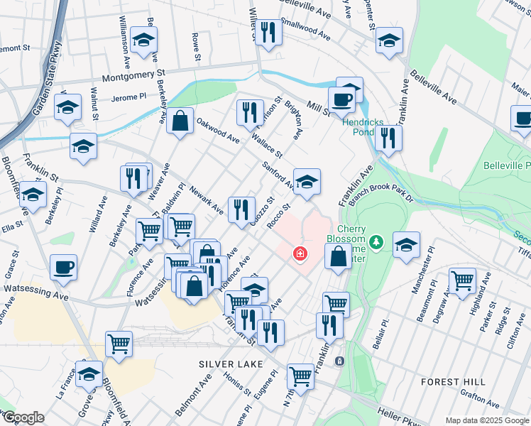 map of restaurants, bars, coffee shops, grocery stores, and more near 50 Cuozzo Street in Belleville