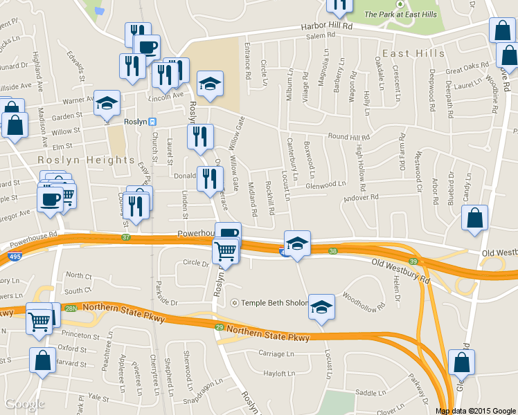 map of restaurants, bars, coffee shops, grocery stores, and more near 50 Midland Road in Roslyn Heights