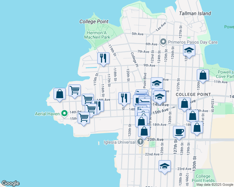 map of restaurants, bars, coffee shops, grocery stores, and more near 1241 118th Street in Queens