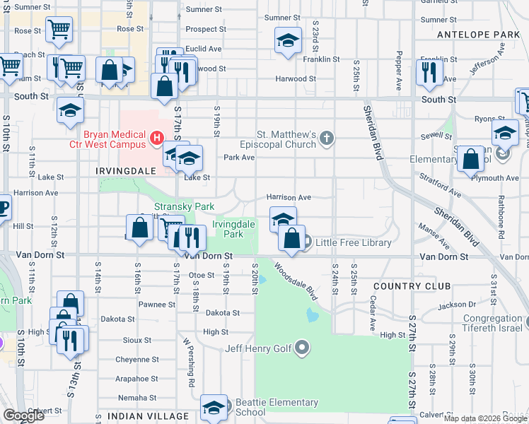 map of restaurants, bars, coffee shops, grocery stores, and more near 2020 Smith Street in Lincoln