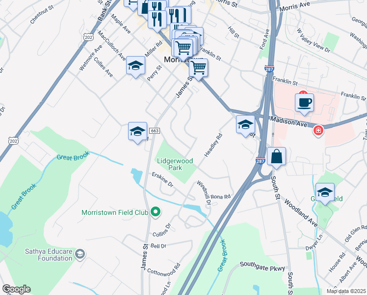 map of restaurants, bars, coffee shops, grocery stores, and more near 55 Dogwood Road in Morristown