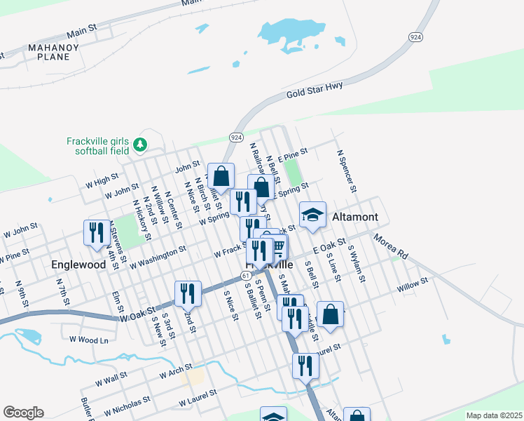 map of restaurants, bars, coffee shops, grocery stores, and more near 60 North Cherry Street in Frackville