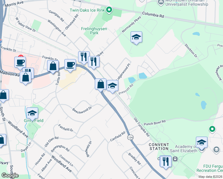 map of restaurants, bars, coffee shops, grocery stores, and more near 5 Langdon Lane in Morristown
